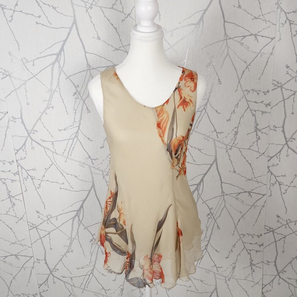 Tuzzi Beige Floral Print 100% Silk Chiffon Overlay Round Neck Tank